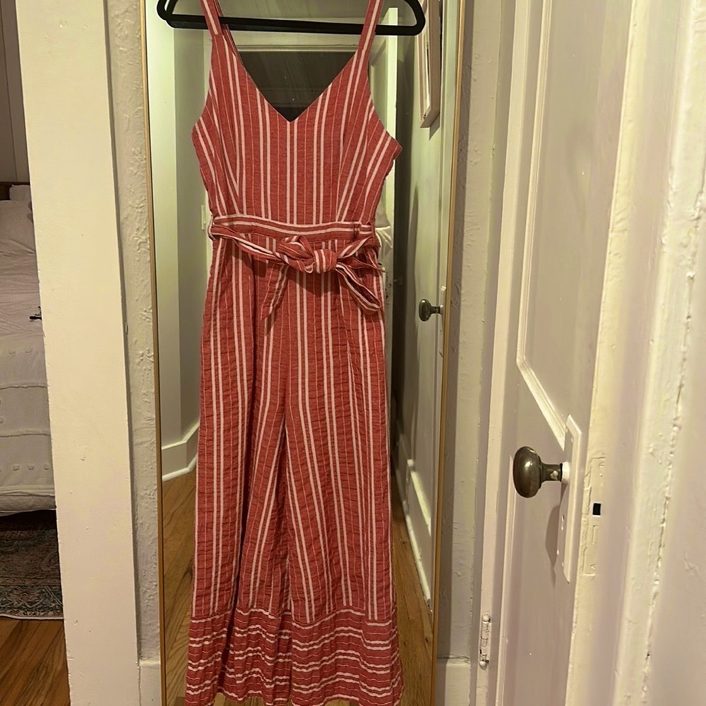 Anthropologie red and white striped jumpsuit, lined. Removable waist tie